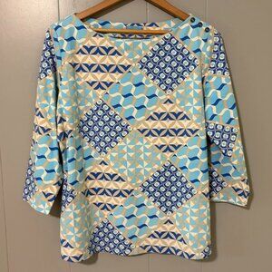 J. McLaughlin Wavesong Knit 3/4 Sleeve Geometric Top Catalina Cloth Boatneck XL